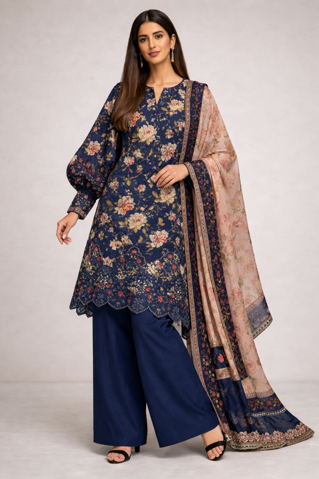 3pcs Lawn chicken kaari  embroided  Collection Blue