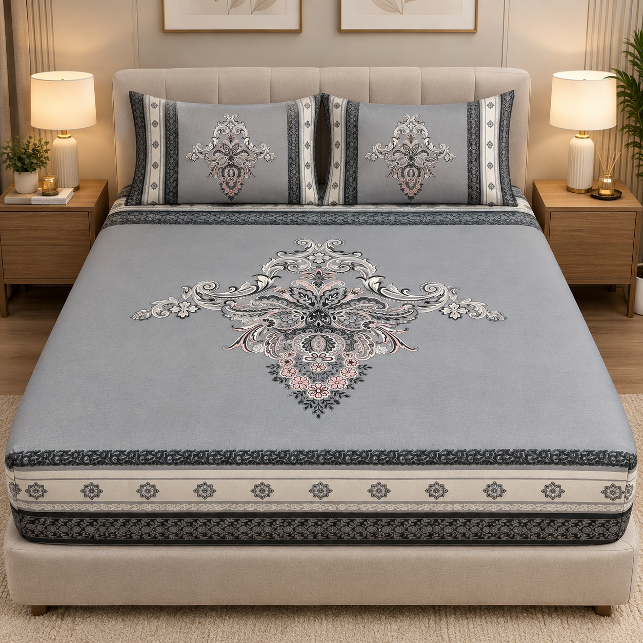Fitted Pure Cotton Bedsheet Gray Motive