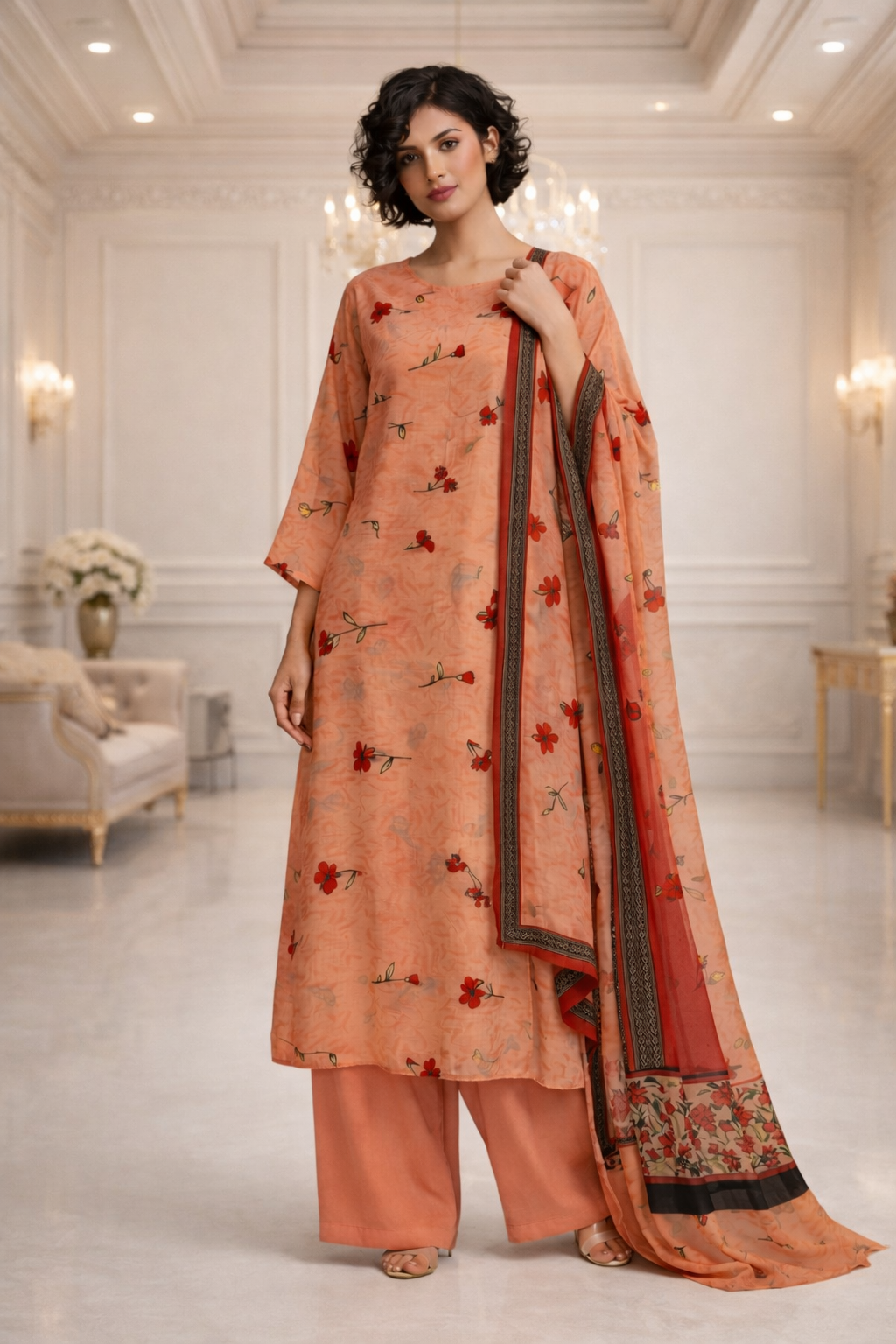 Unstitched 3pcs Lawn printed Collection Peach