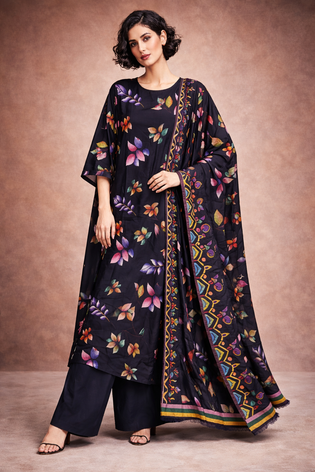 Unstitched 3pcs Lawn printed Collection black leaf