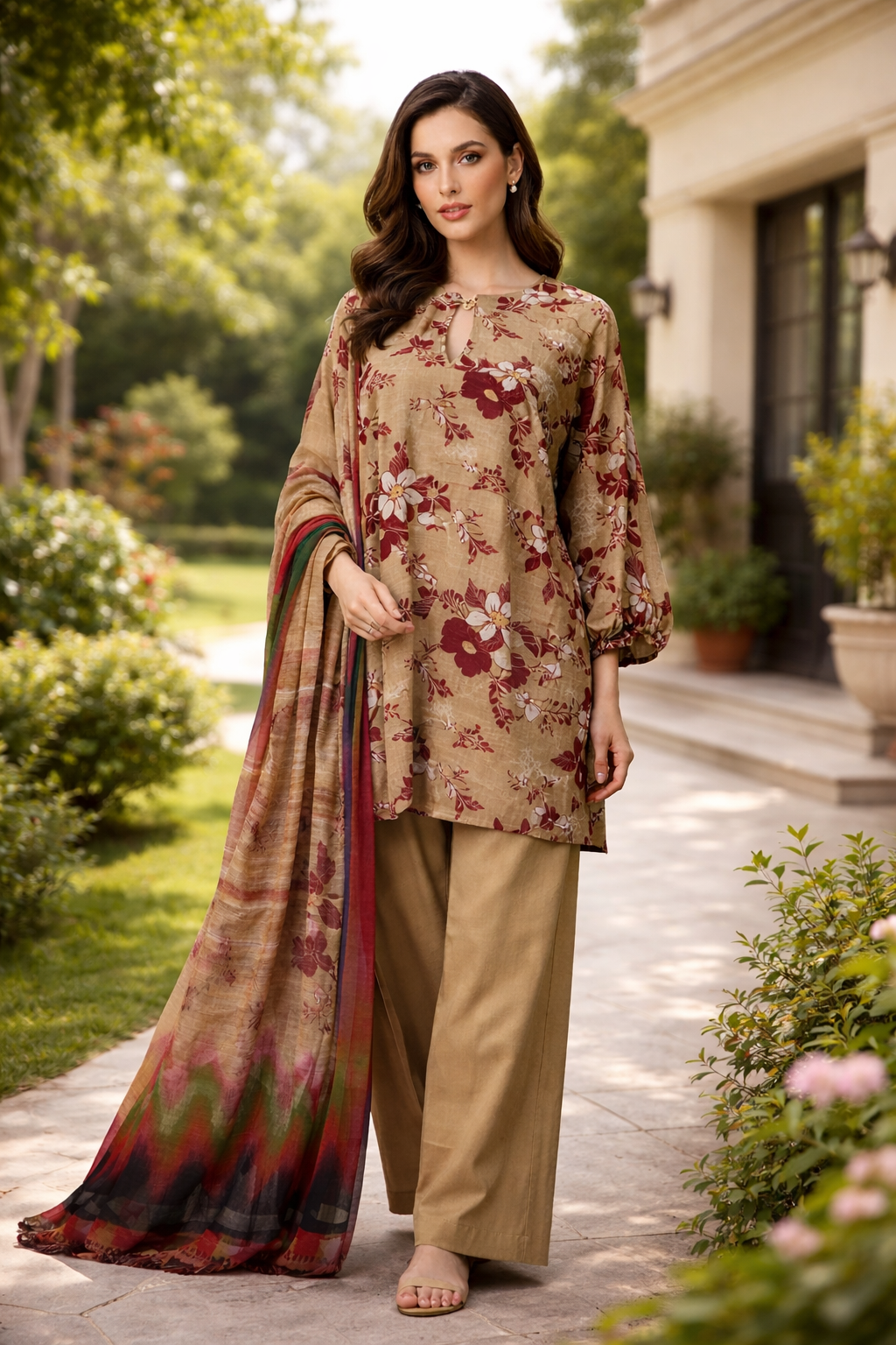 Unstitched 3pcs Lawn printed Collection brown