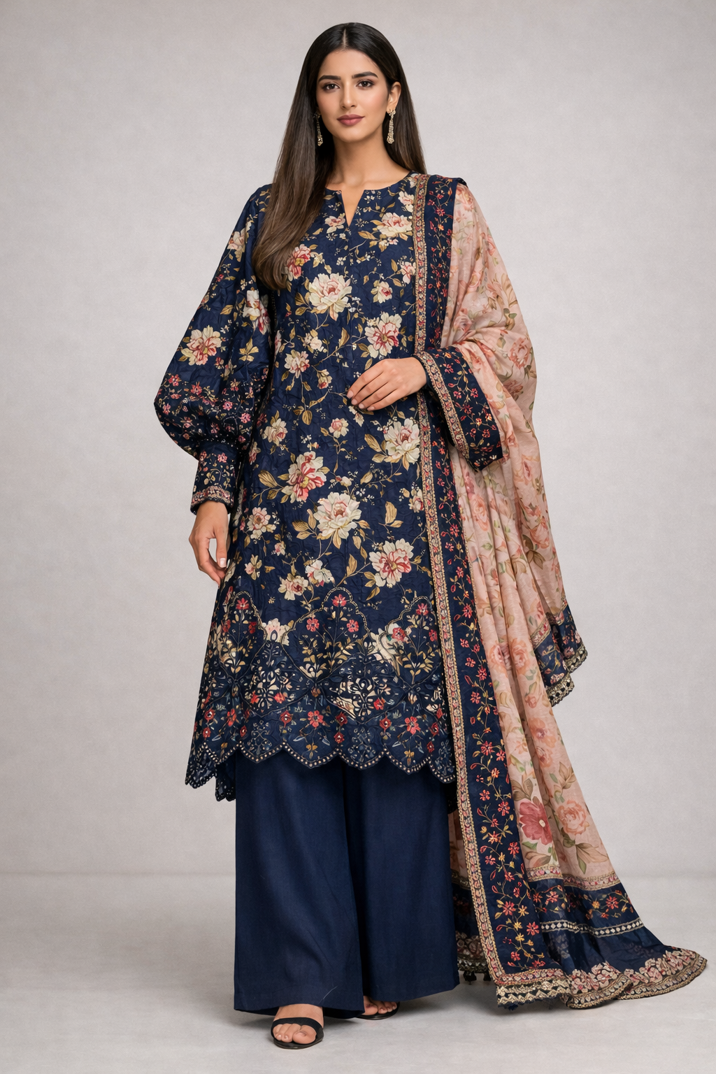 3pcs Lawn chicken kaari  embroided  Collection Blue