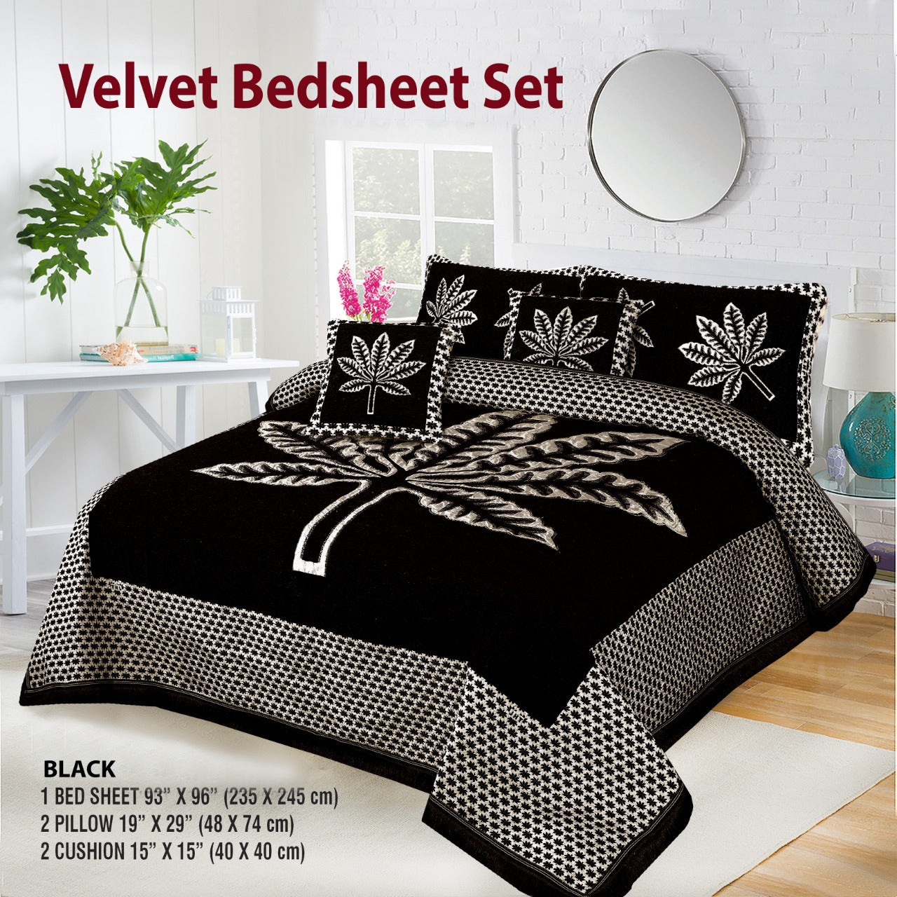 5 Piece leaf Style Velvet Jacaurd BedSheet Set
