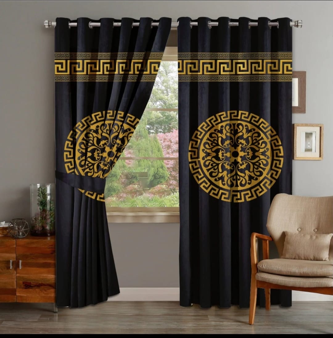 2 Pc's Luxury Velvet Embroidered Curtains With 2 Belts