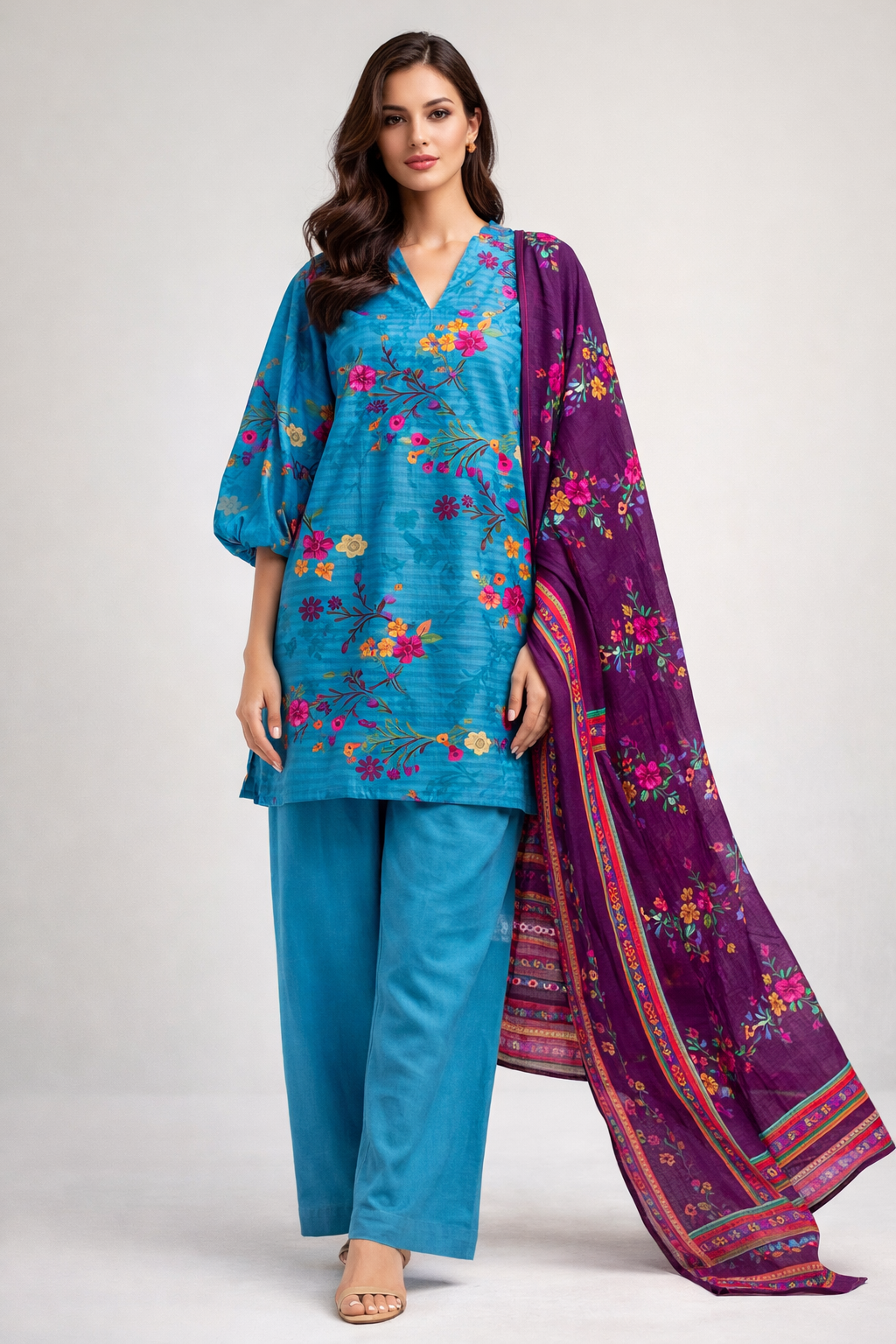 Unstitched 3pcs Lawn printed Collection blue