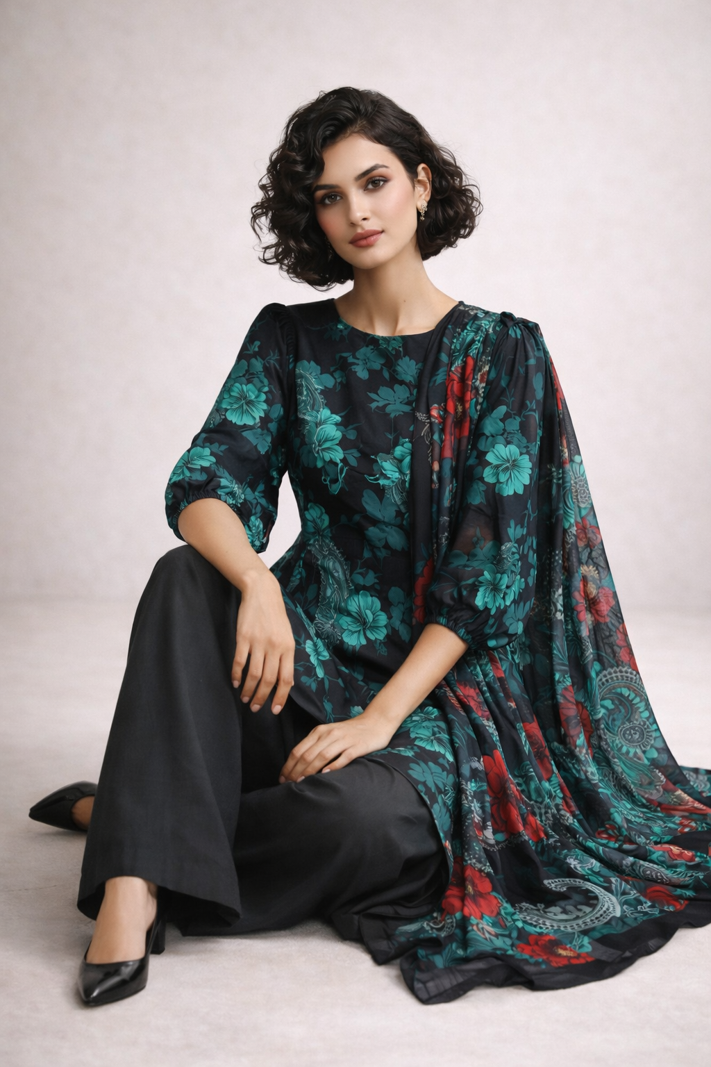 Unstitched 3pcs Lawn printed Collection Black Mint