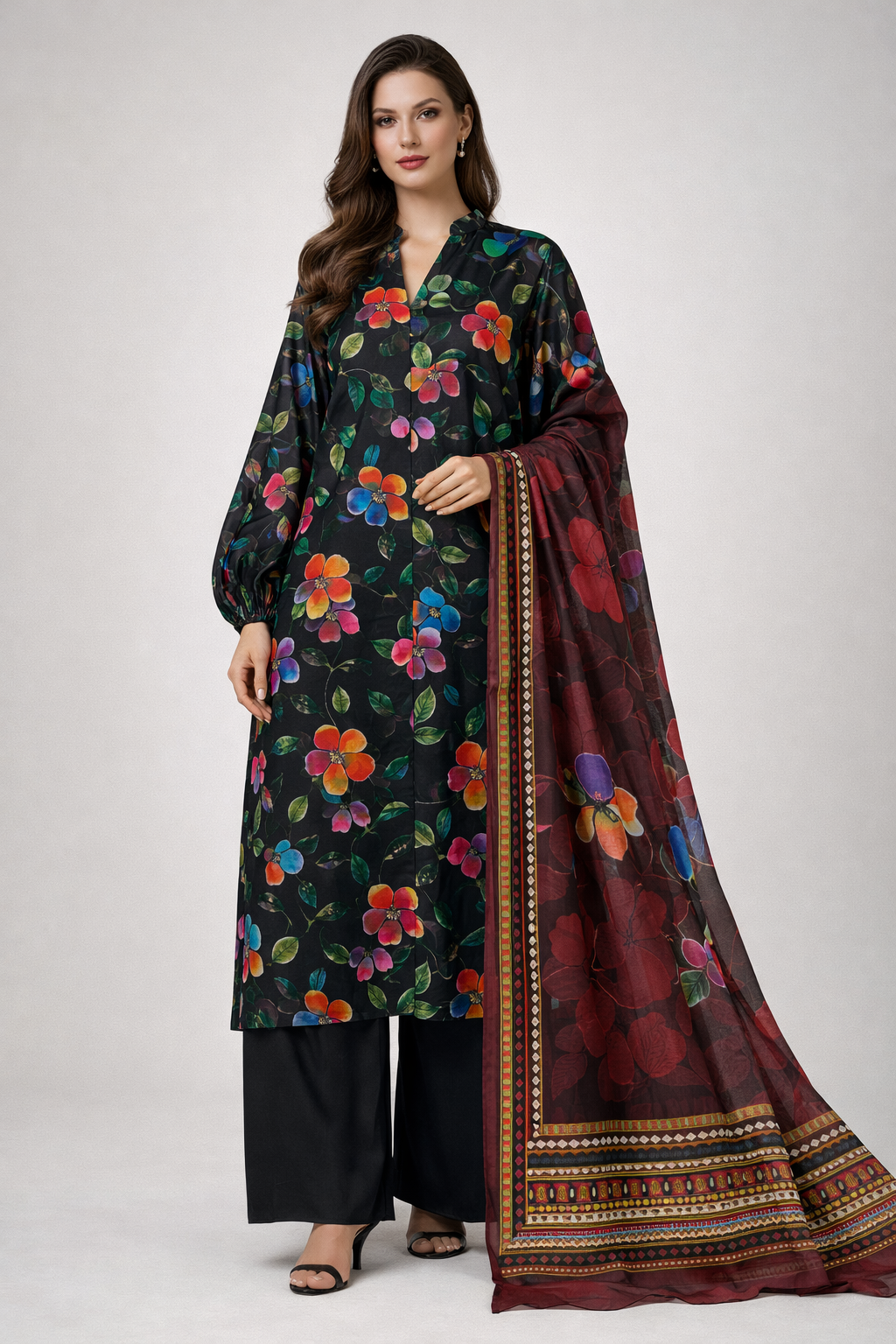 Unstitched 3pcs Lawn printed Collection black flower