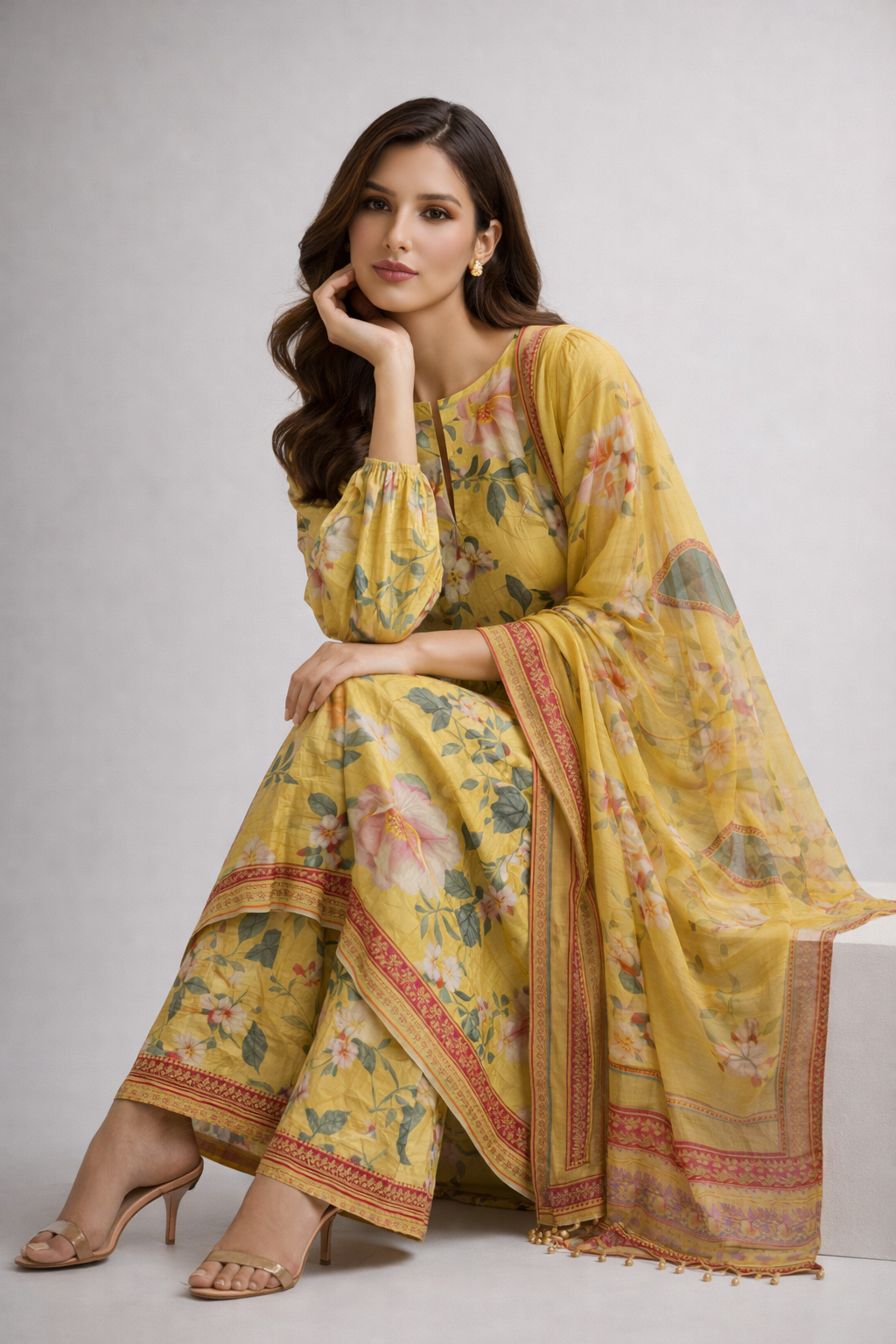 Unstitched 3pcs Lawn printed Collection yellow