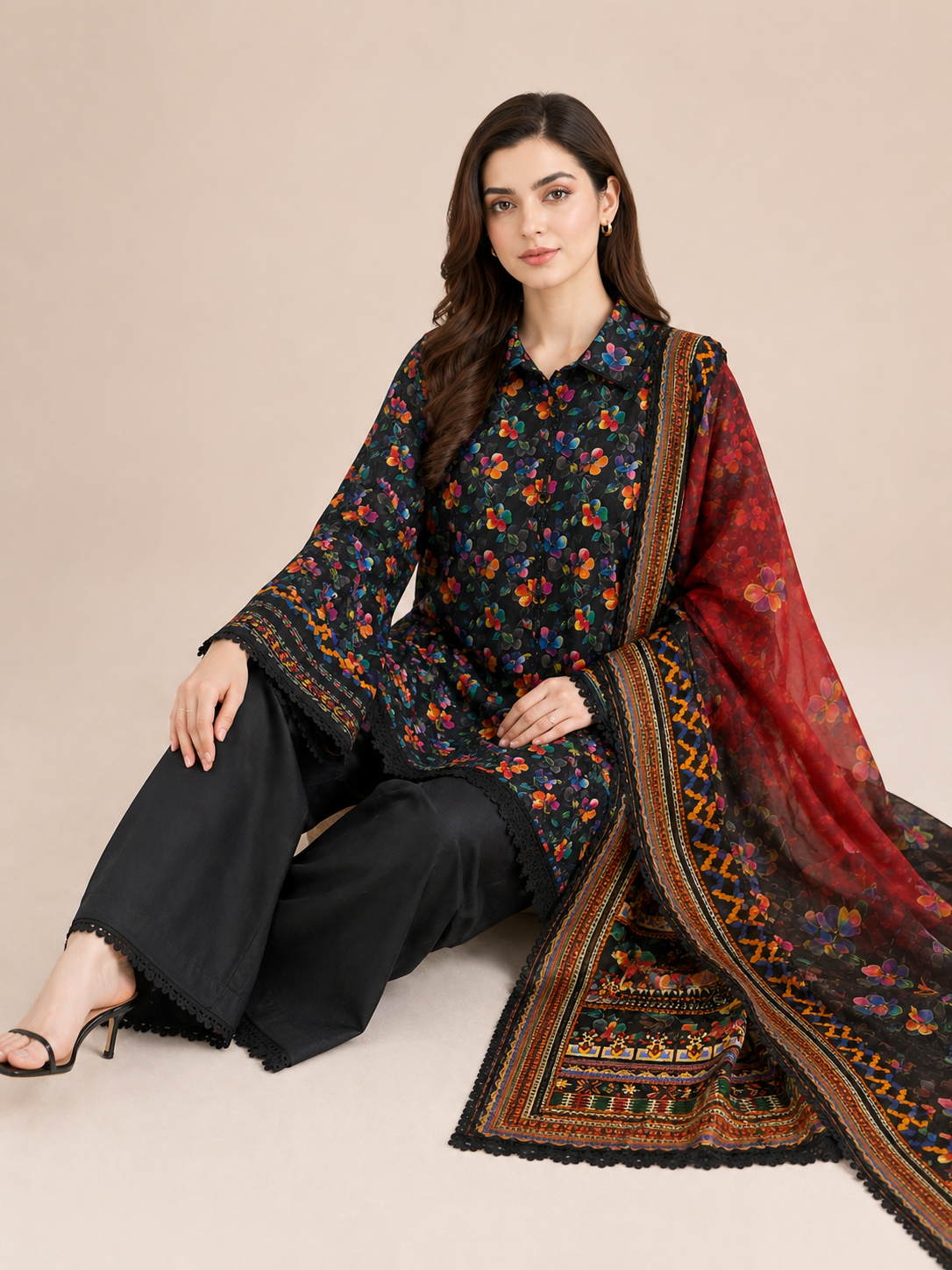 stitched 3pcs Lawn printed Collection Black