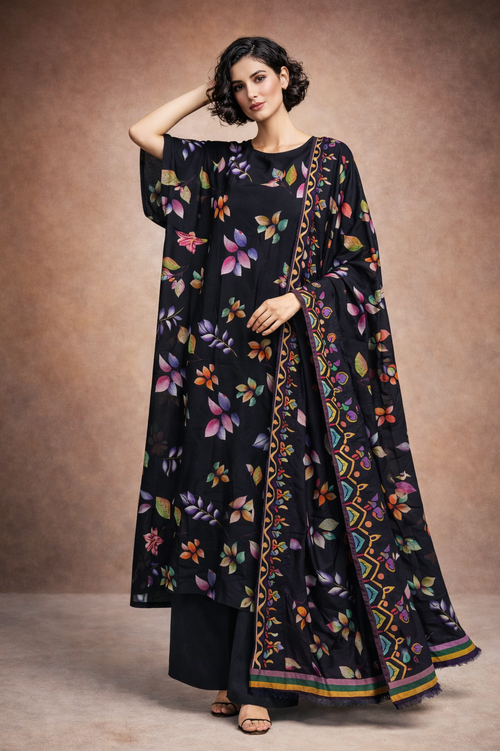 Unstitched 3pcs Lawn printed Collection black leaf