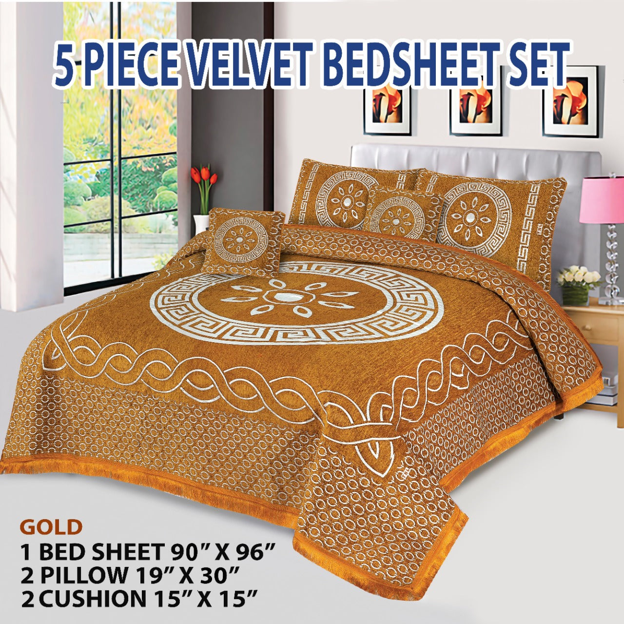 5 Piece orbit Style Velvet Jacaurd BedSheet Set