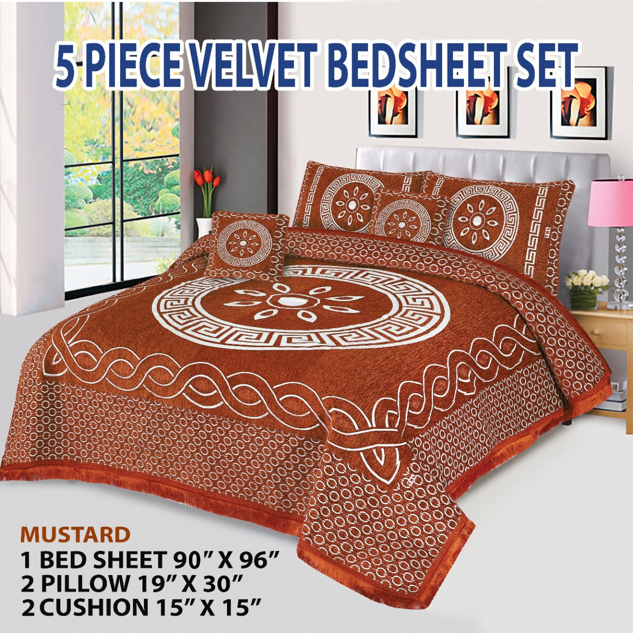 5 Piece orbit Style Velvet Jacaurd BedSheet Set
