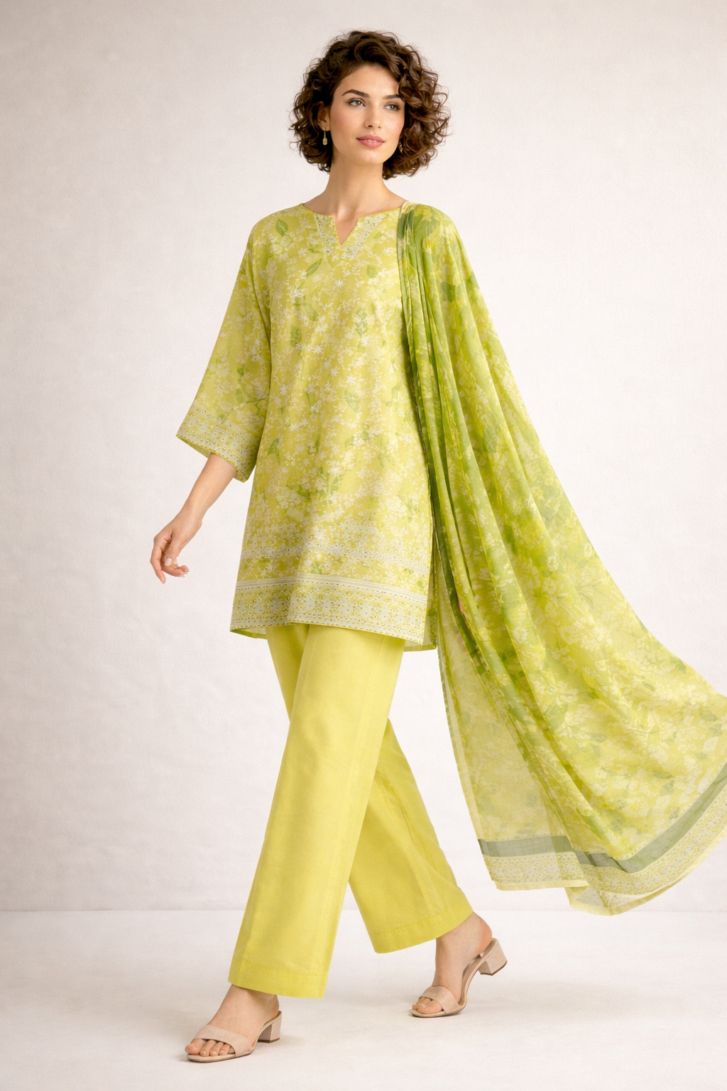 3pcs Lawn chicken kaari embroided  Collection Green