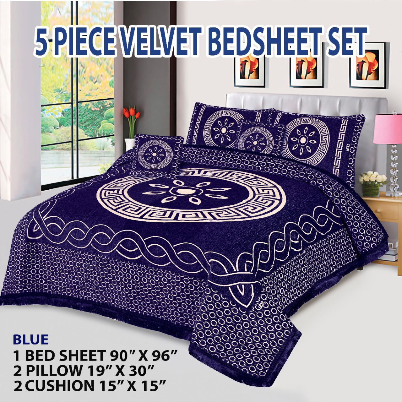 5 Piece orbit Style Velvet Jacaurd BedSheet Set