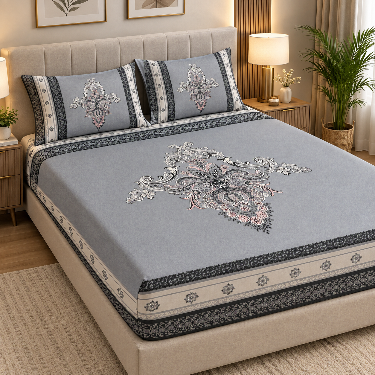 Fitted Pure Cotton Bedsheet Gray Motive