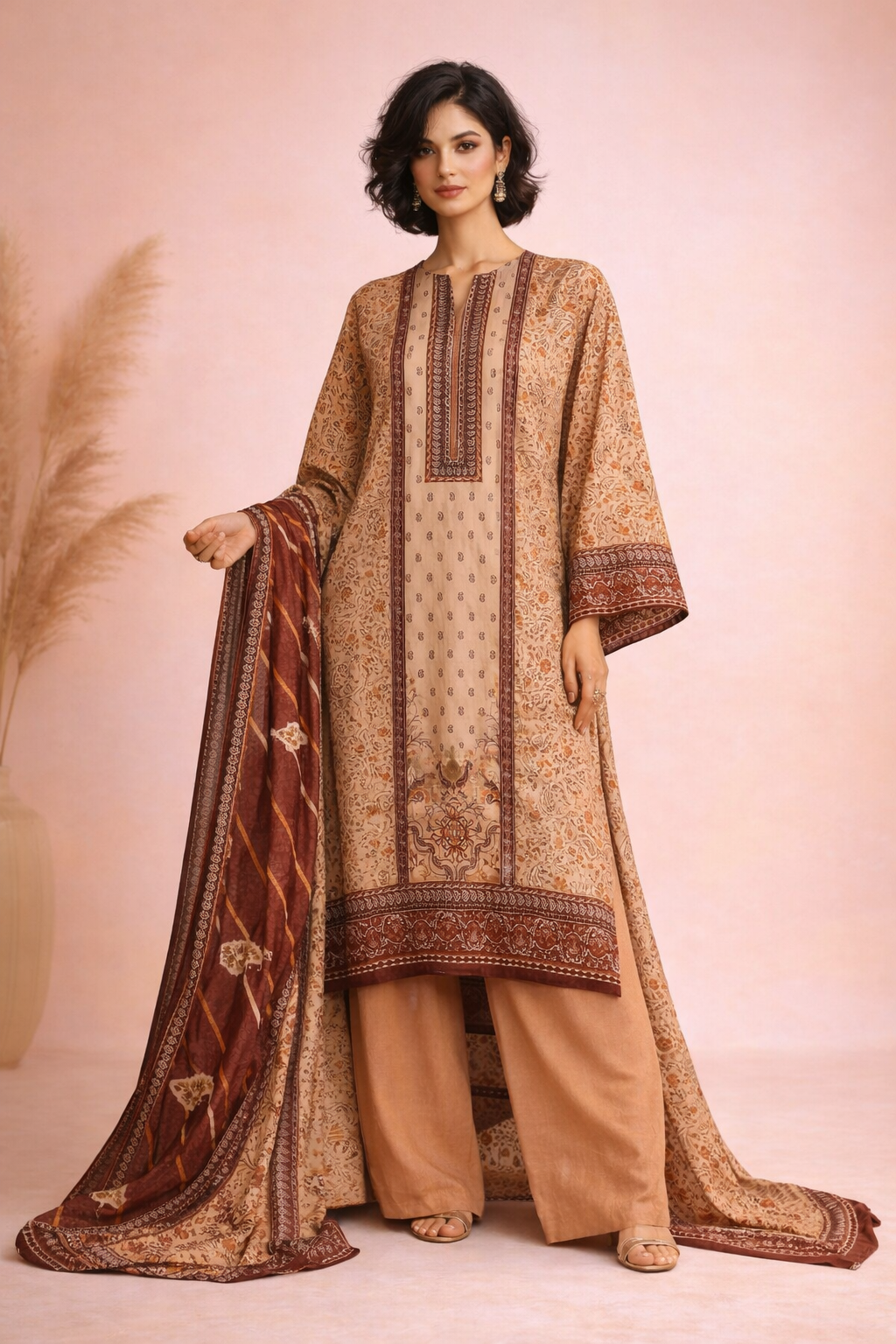 Unstitched 3pcs Lawn printed Collection Brown