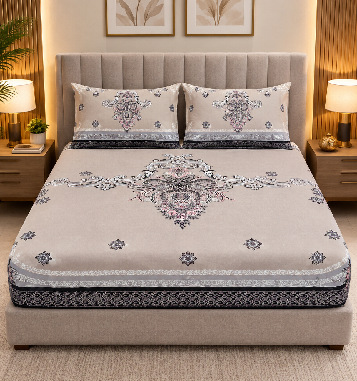 Fitted Pure Cotton Bedsheet Pink Motive