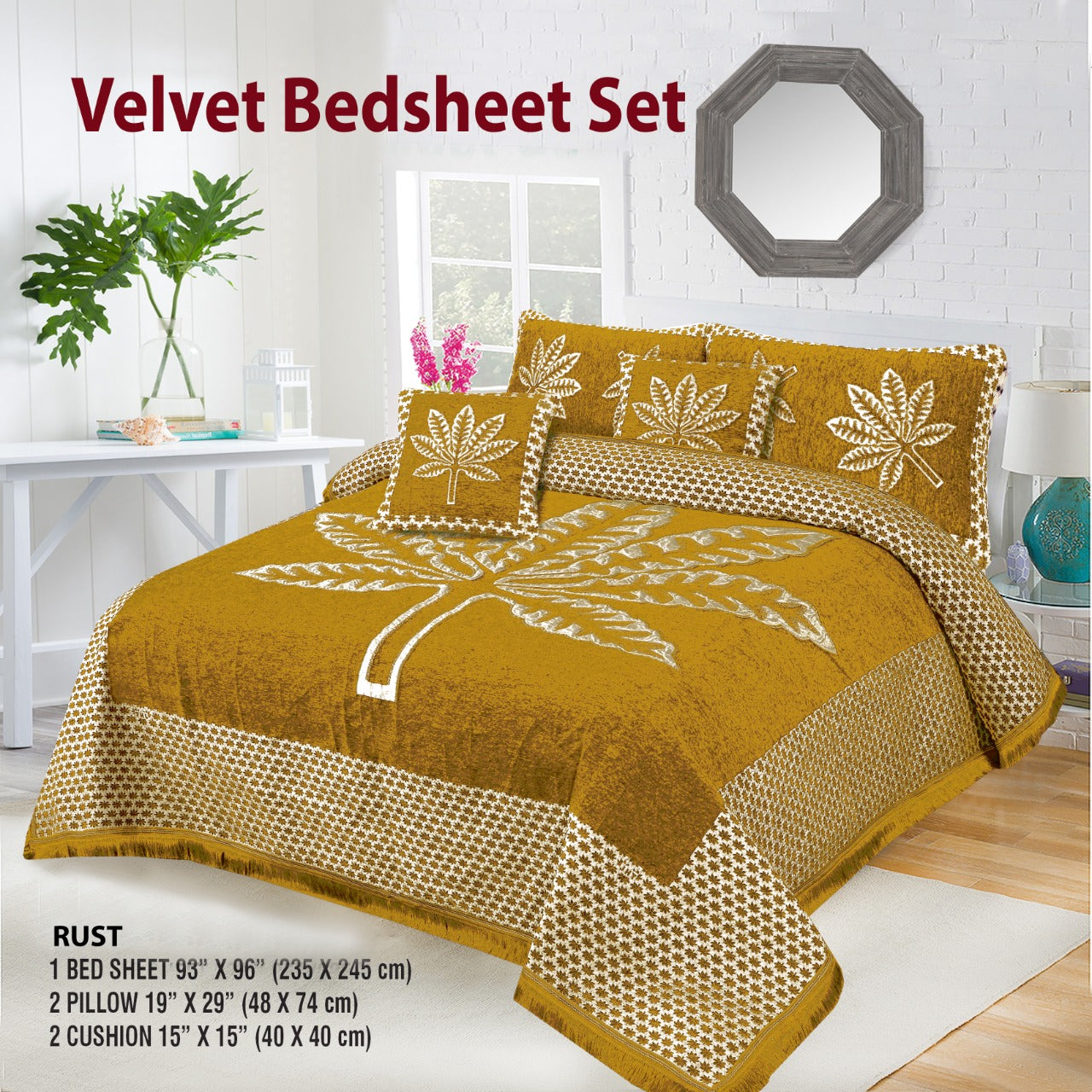 5 Piece leaf Style Velvet Jacaurd BedSheet Set
