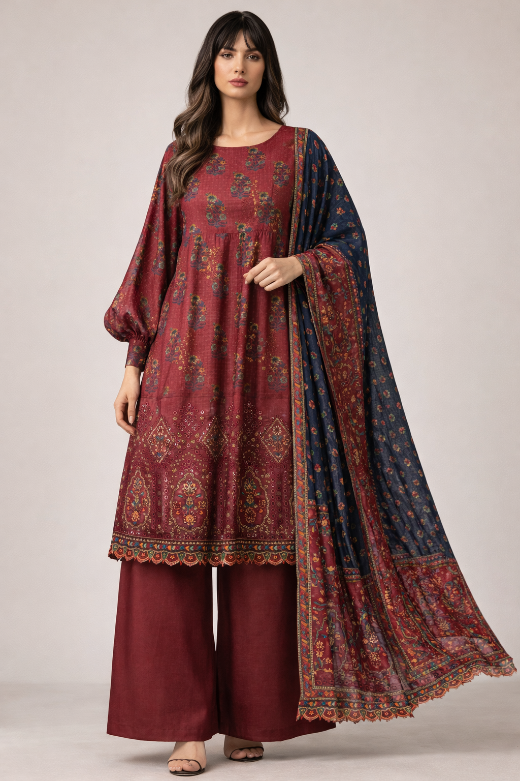 3pcs Lawn chicken kaari  embroided  Collection mehroon