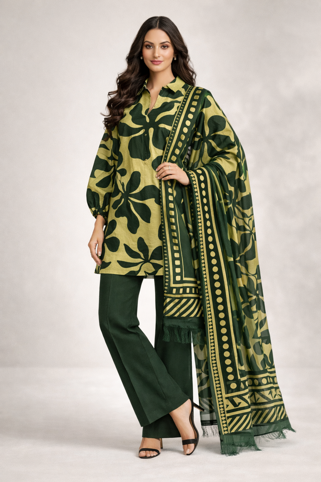 Unstitched 3pcs Lawn printed Collection Green