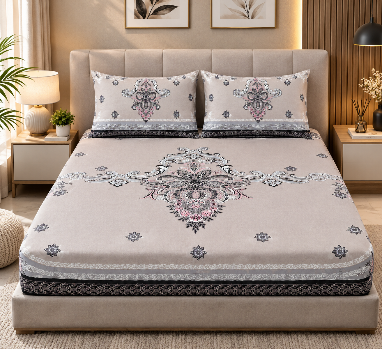 Fitted Pure Cotton Bedsheet Pink Motive