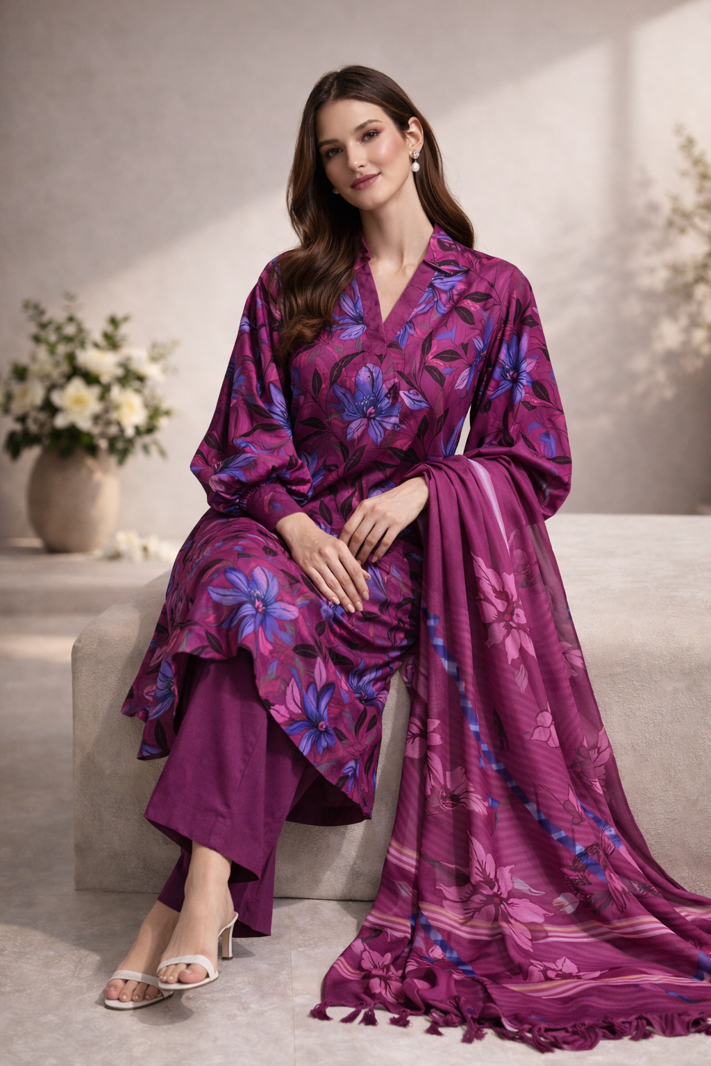 Unstitched 3pcs Lawn printed Collection purple