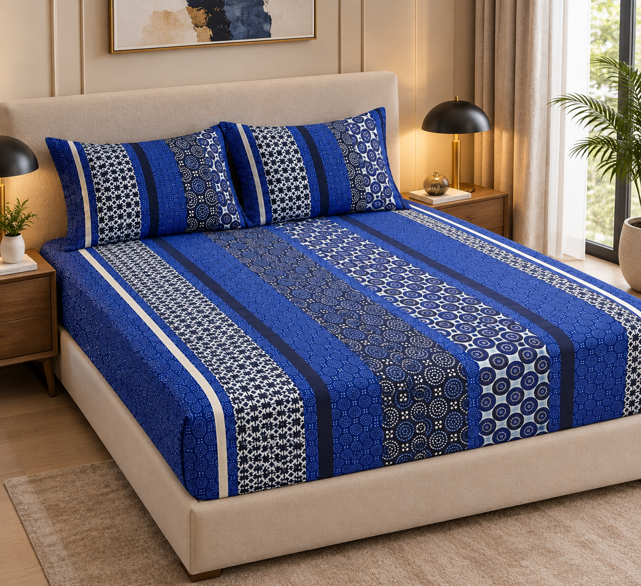 Fitted Pure Cotton Bedsheet  blue lining