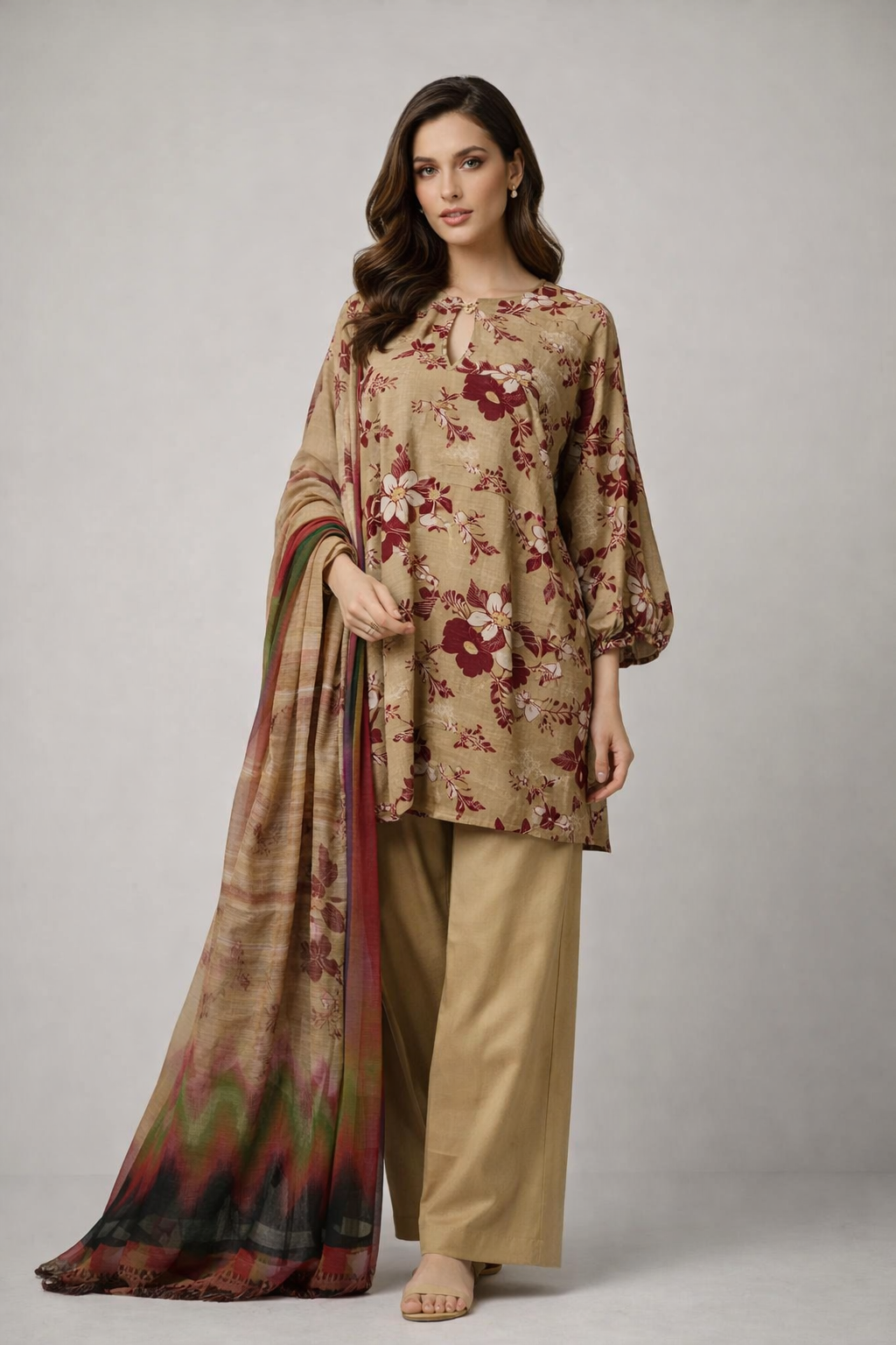 Unstitched 3pcs Lawn printed Collection brown
