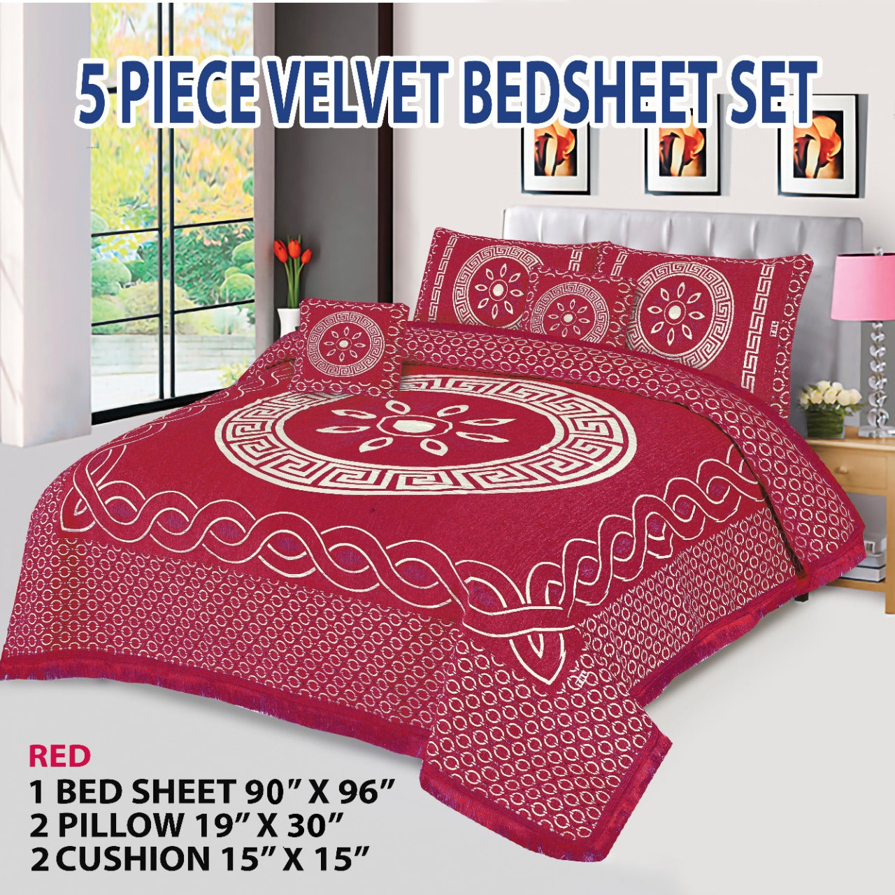 5 Piece orbit Style Velvet Jacaurd BedSheet Set