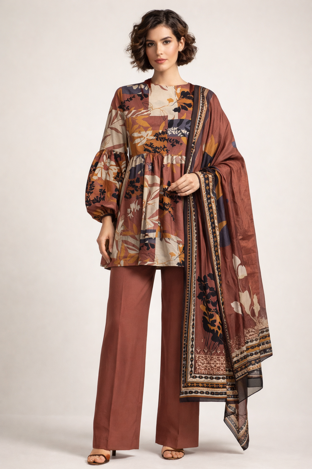 Unstitched 3pcs Lawn printed Collection rust brown