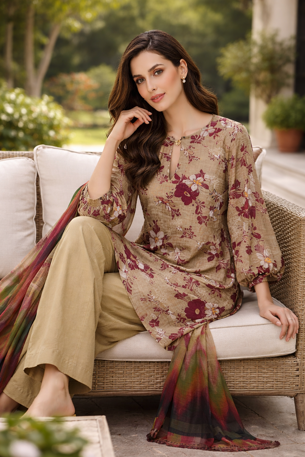 Unstitched 3pcs Lawn printed Collection brown