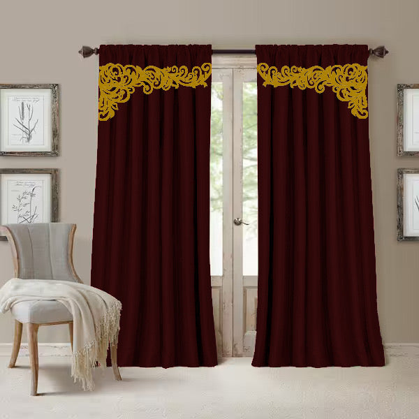 2 Pc's Luxury Velvet Embroidered Curtains With 2 Belts