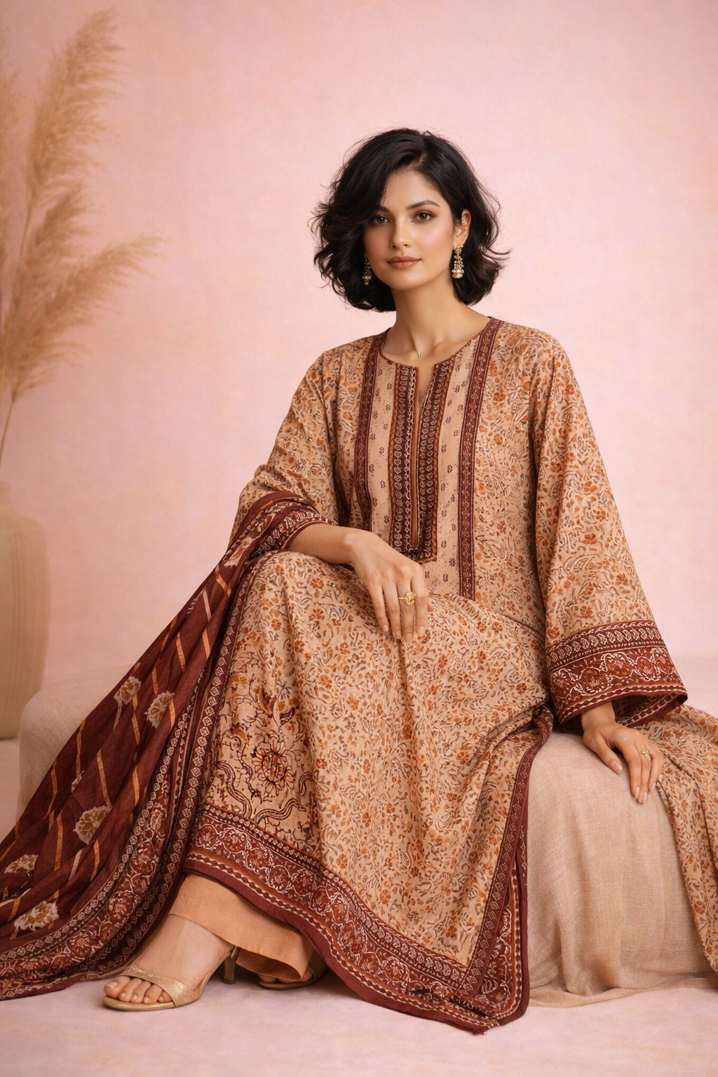 Unstitched 3pcs Lawn printed Collection Brown