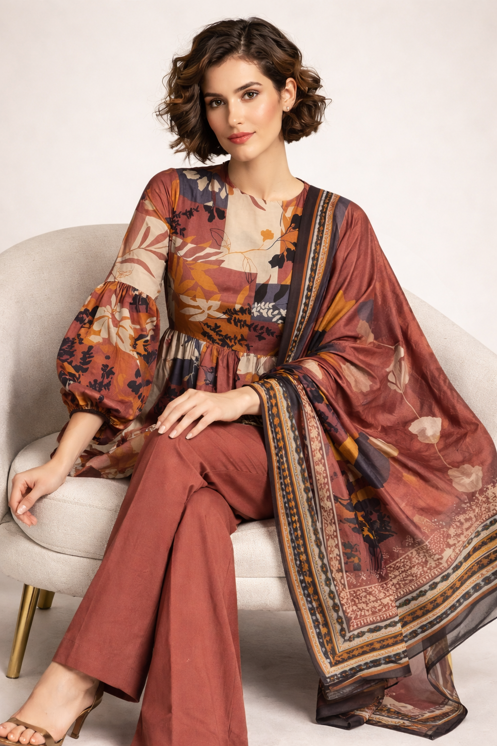 Unstitched 3pcs Lawn printed Collection rust brown