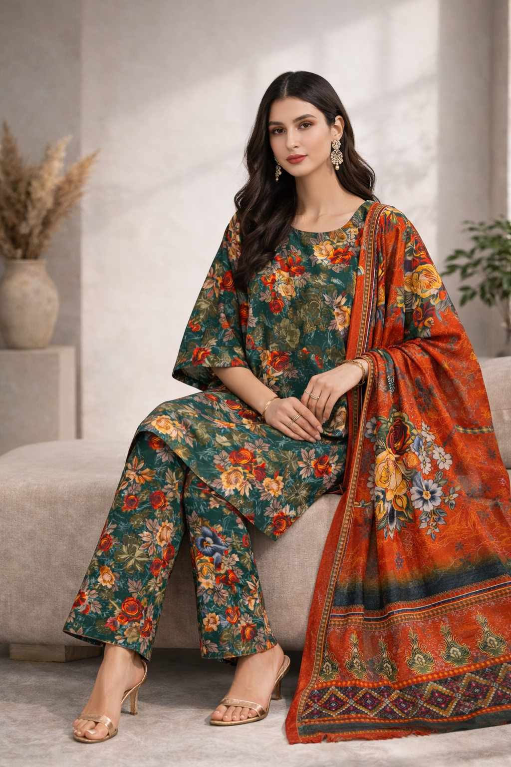 Unstitched 3pcs Lawn printed Collection green