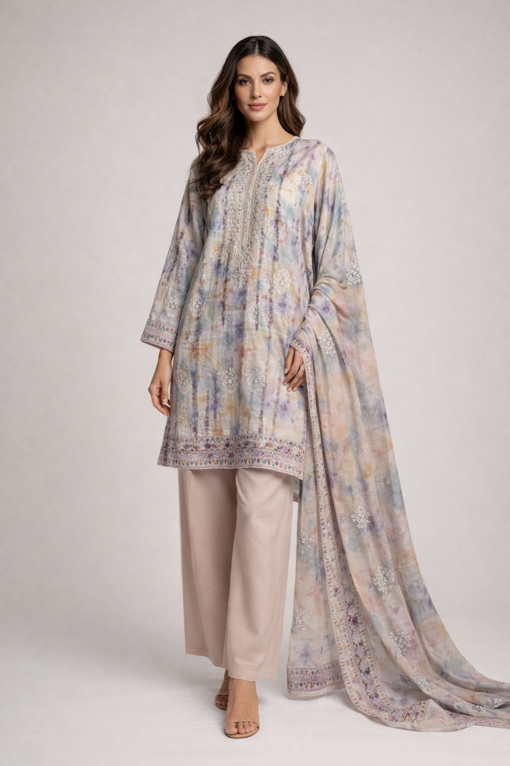 3pcs Lawn chicken kaari embroided  Collection Rainbow