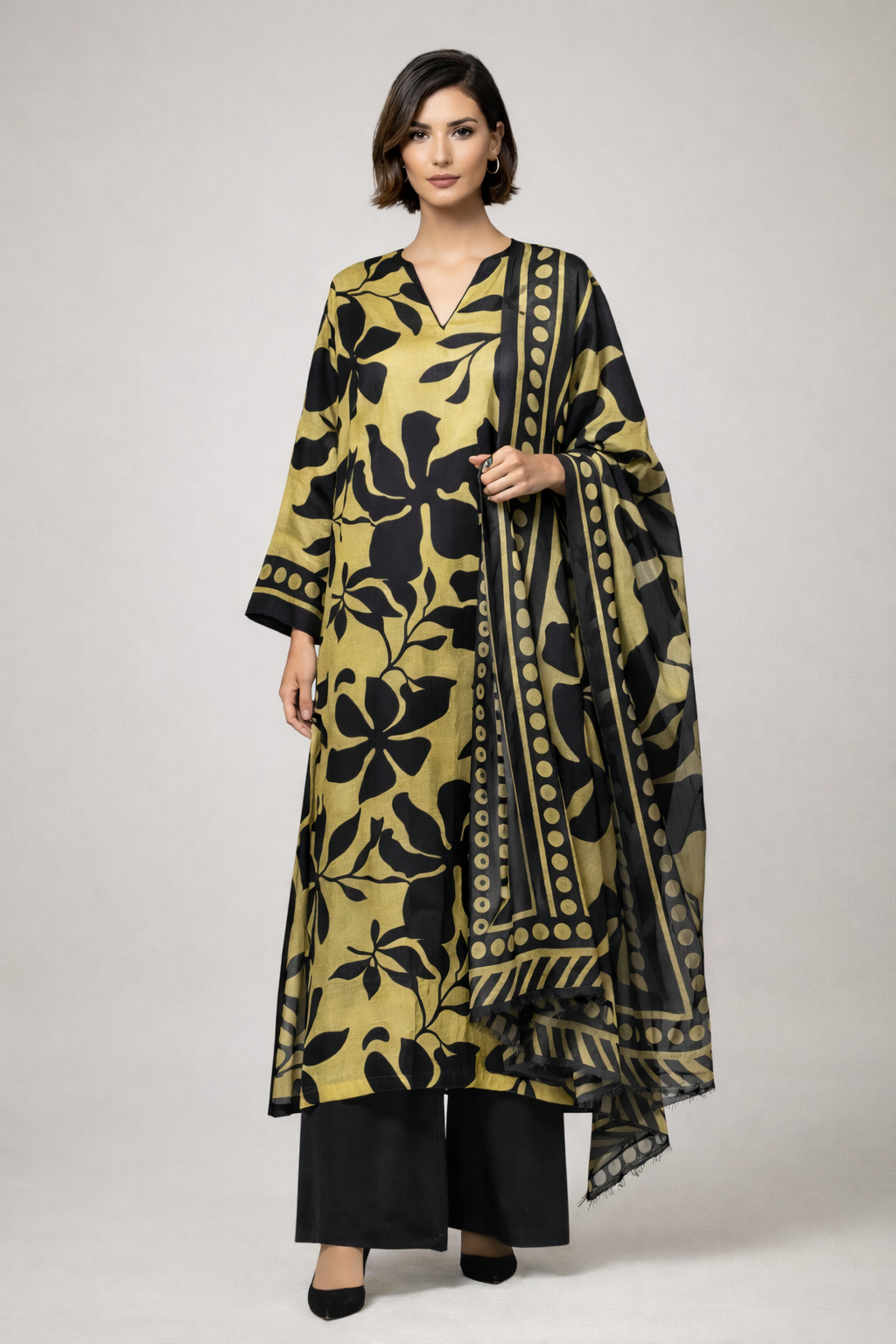 Unstitched 3pcs Lawn printed Collection Greenish Black