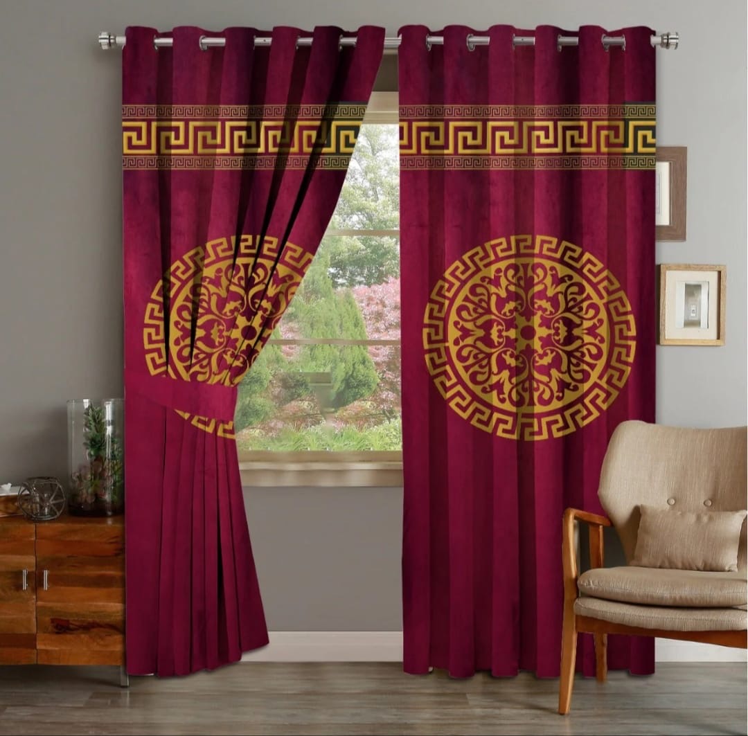 2 Pc's Luxury Velvet Embroidered Curtains With 2 Belts