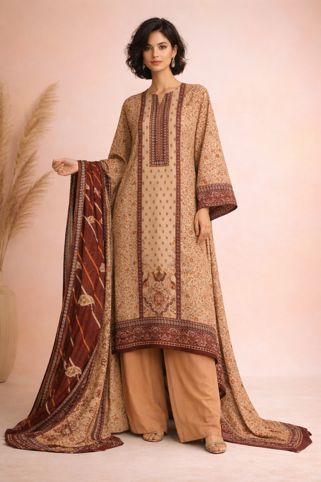 Unstitched 3pcs Lawn printed Collection Brown