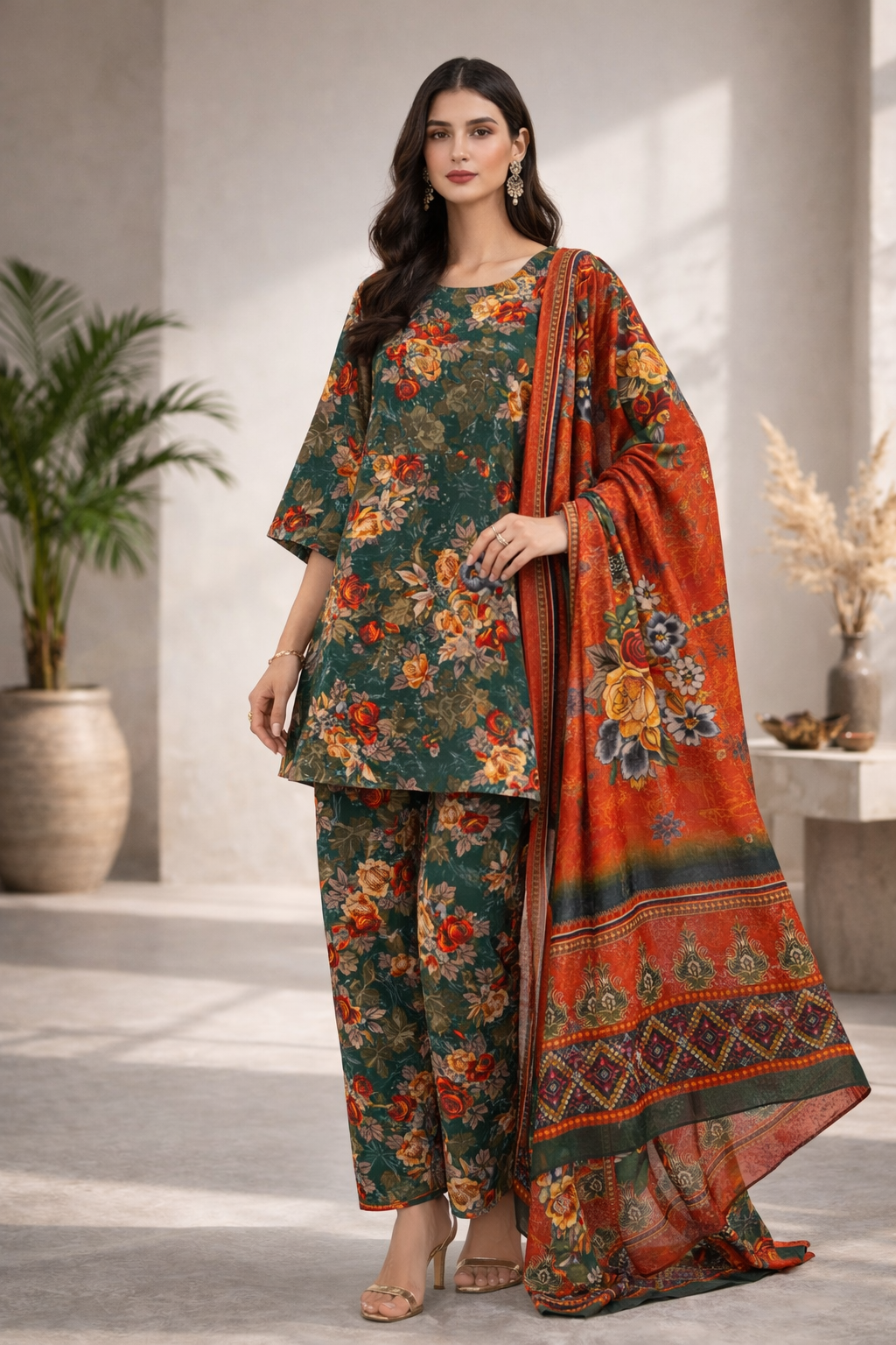 Unstitched 3pcs Lawn printed Collection green