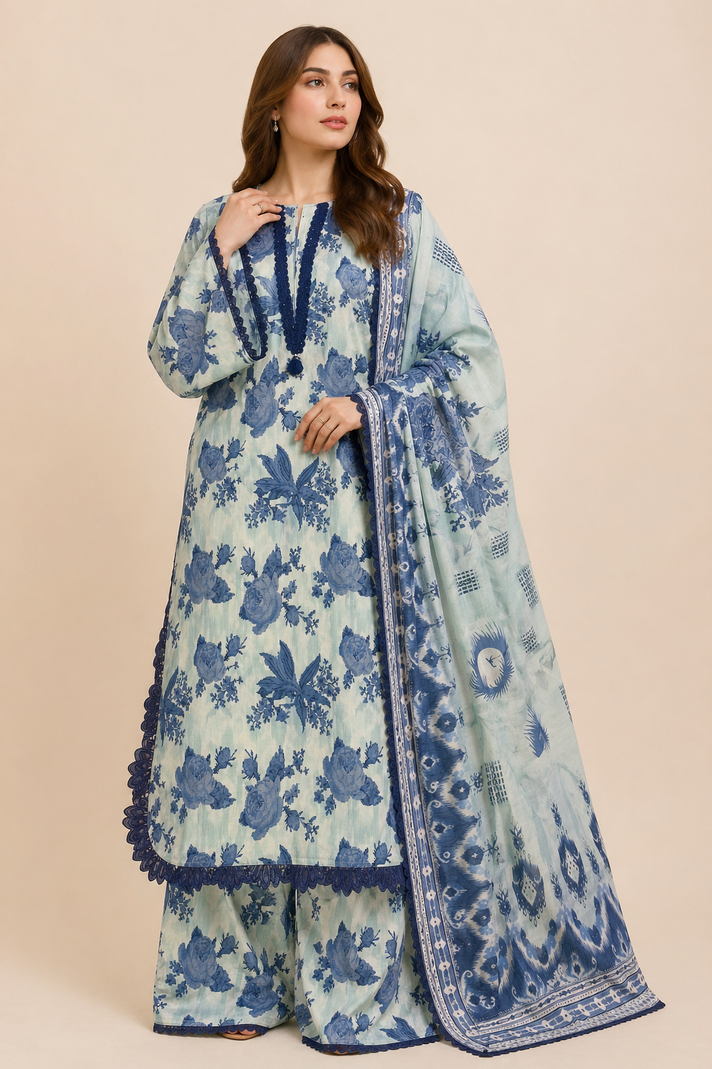 stitched 3pcs Lawn printed Collection Blue