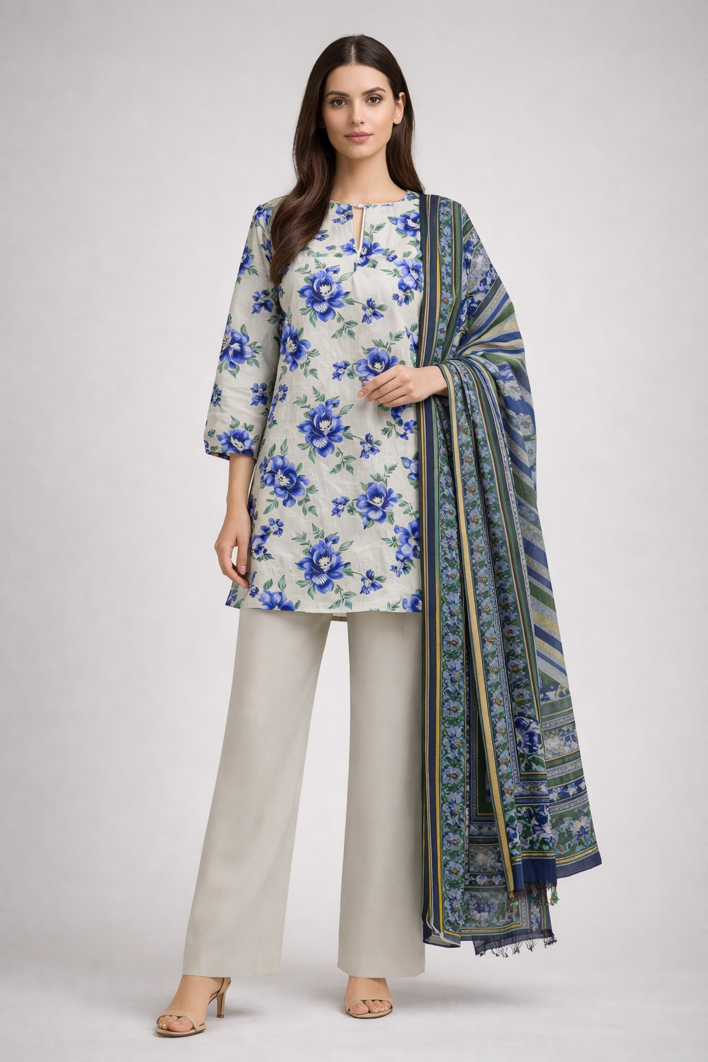 Unstitched 3pcs Lawn printed Collection white blue flower