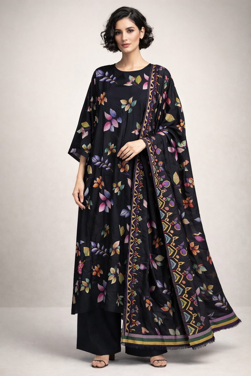 Unstitched 3pcs Lawn printed Collection black leaf