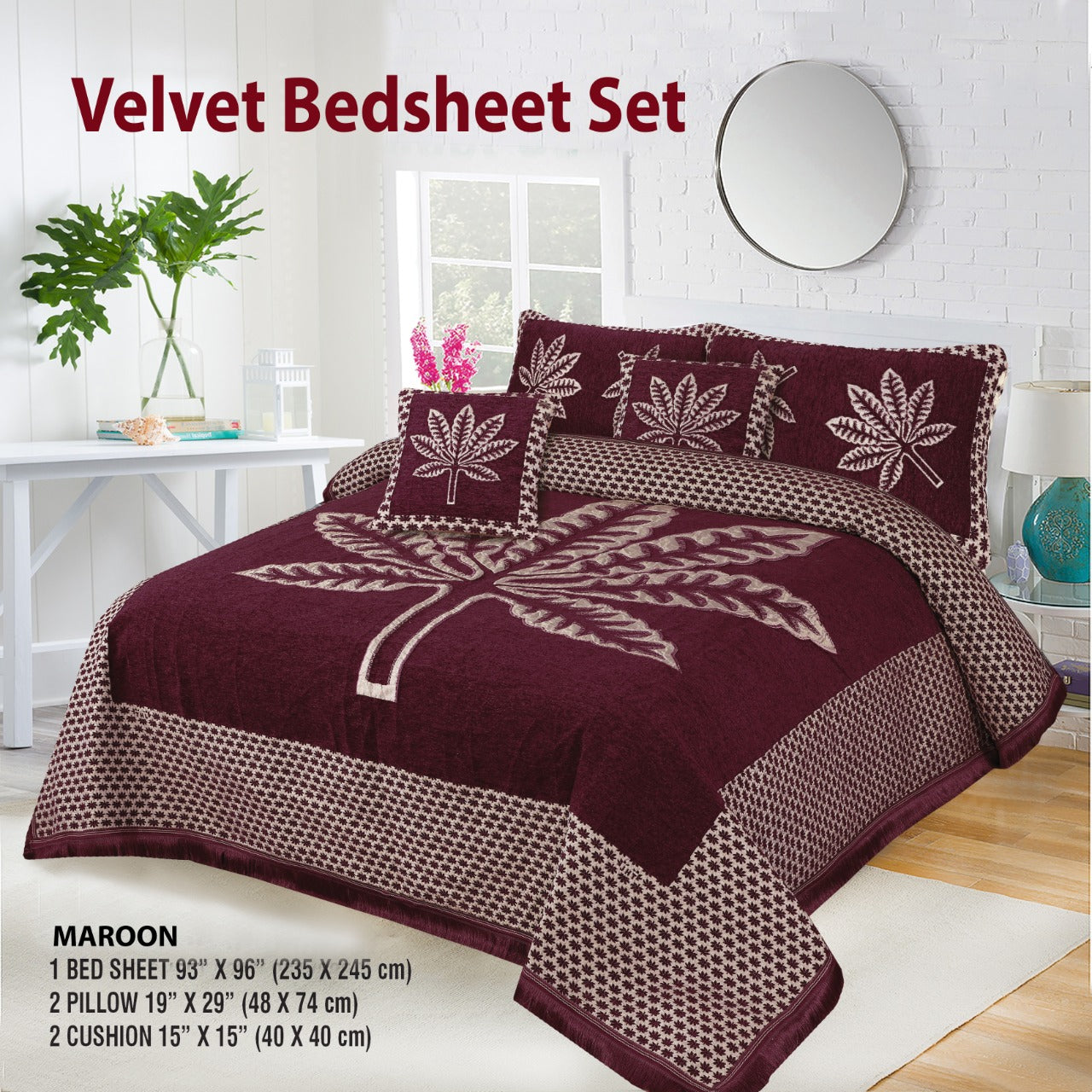 5 Piece leaf Style Velvet Jacaurd BedSheet Set