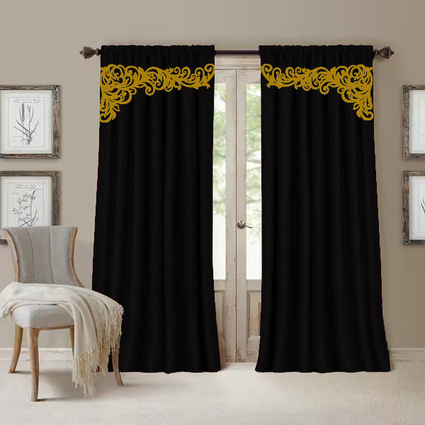 2 Pc's Luxury Velvet Embroidered Curtains With 2 Belts