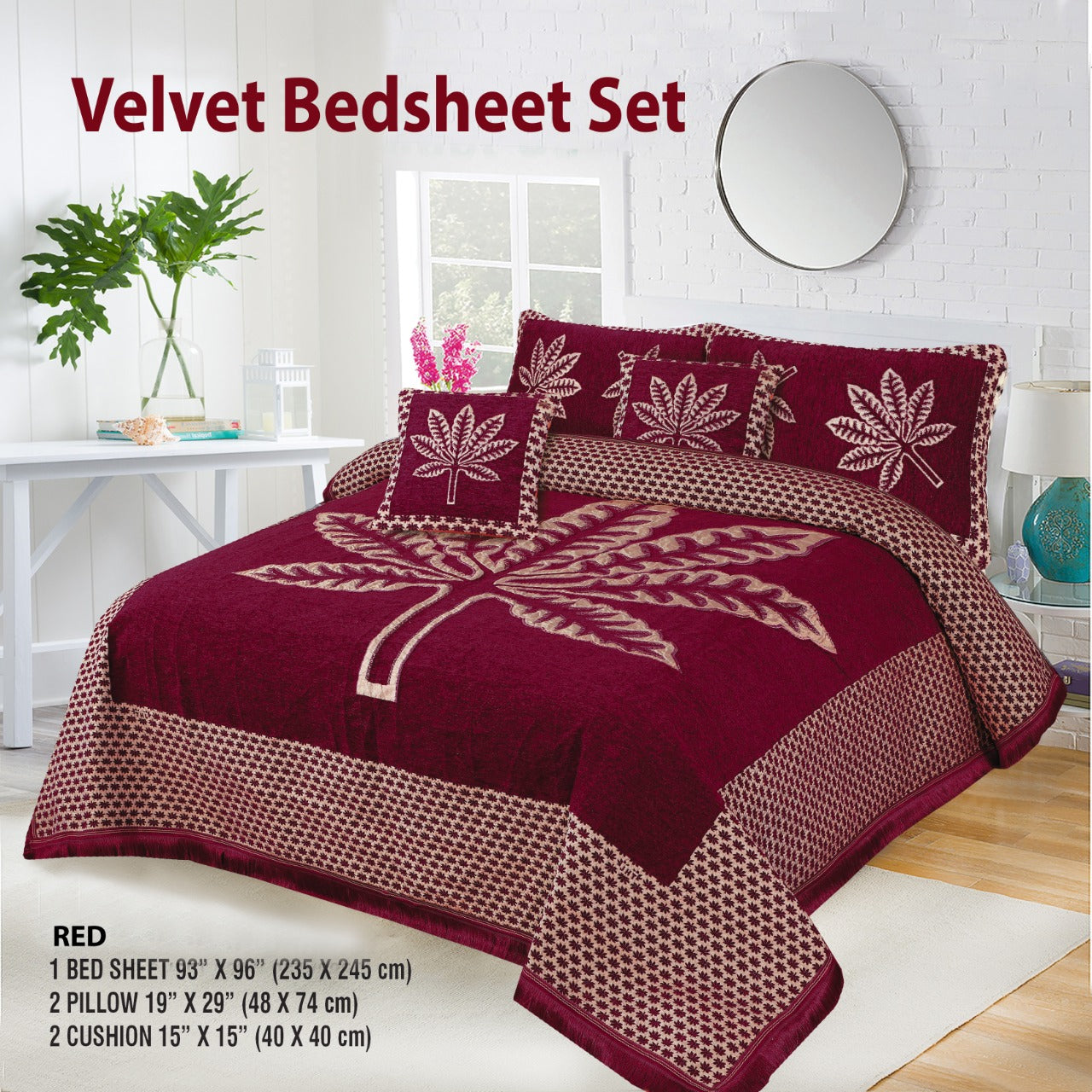 5 Piece leaf Style Velvet Jacaurd BedSheet Set
