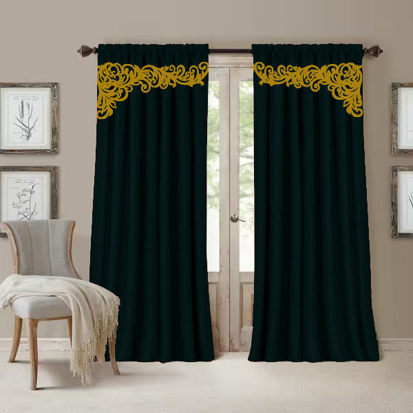 2 Pc's Luxury Velvet Embroidered Curtains With 2 Belts