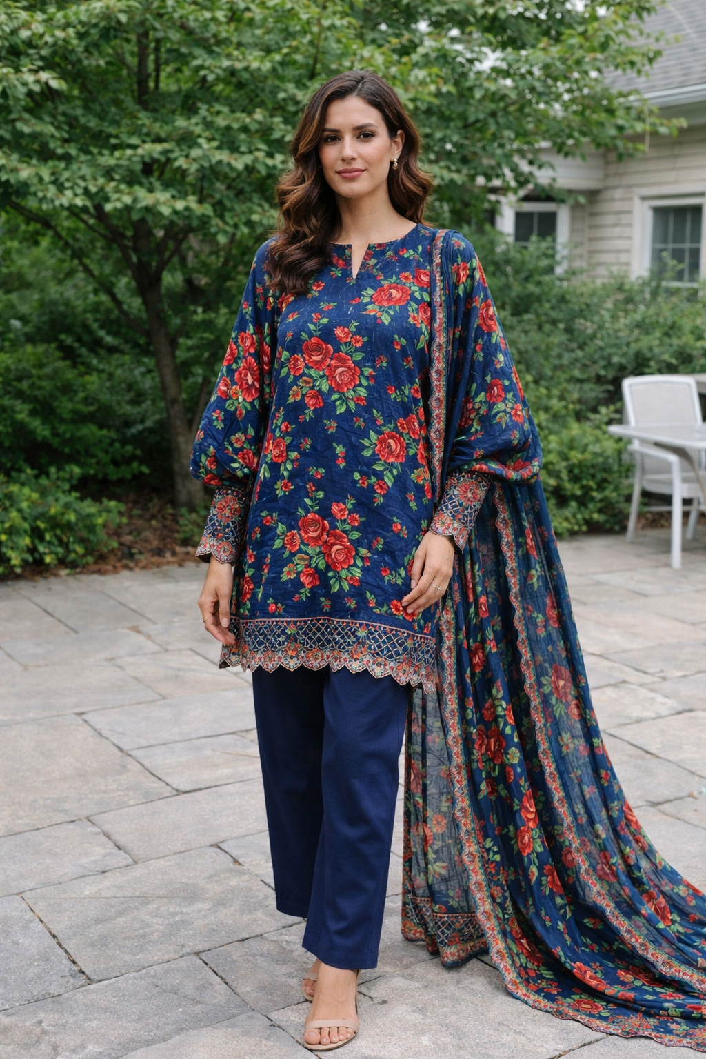 3pcs Lawn chicken kaari  embroided  Collection Blue