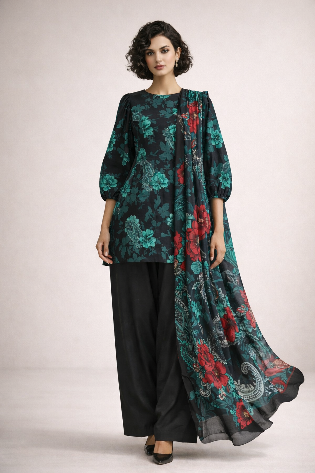 Unstitched 3pcs Lawn printed Collection Black Mint