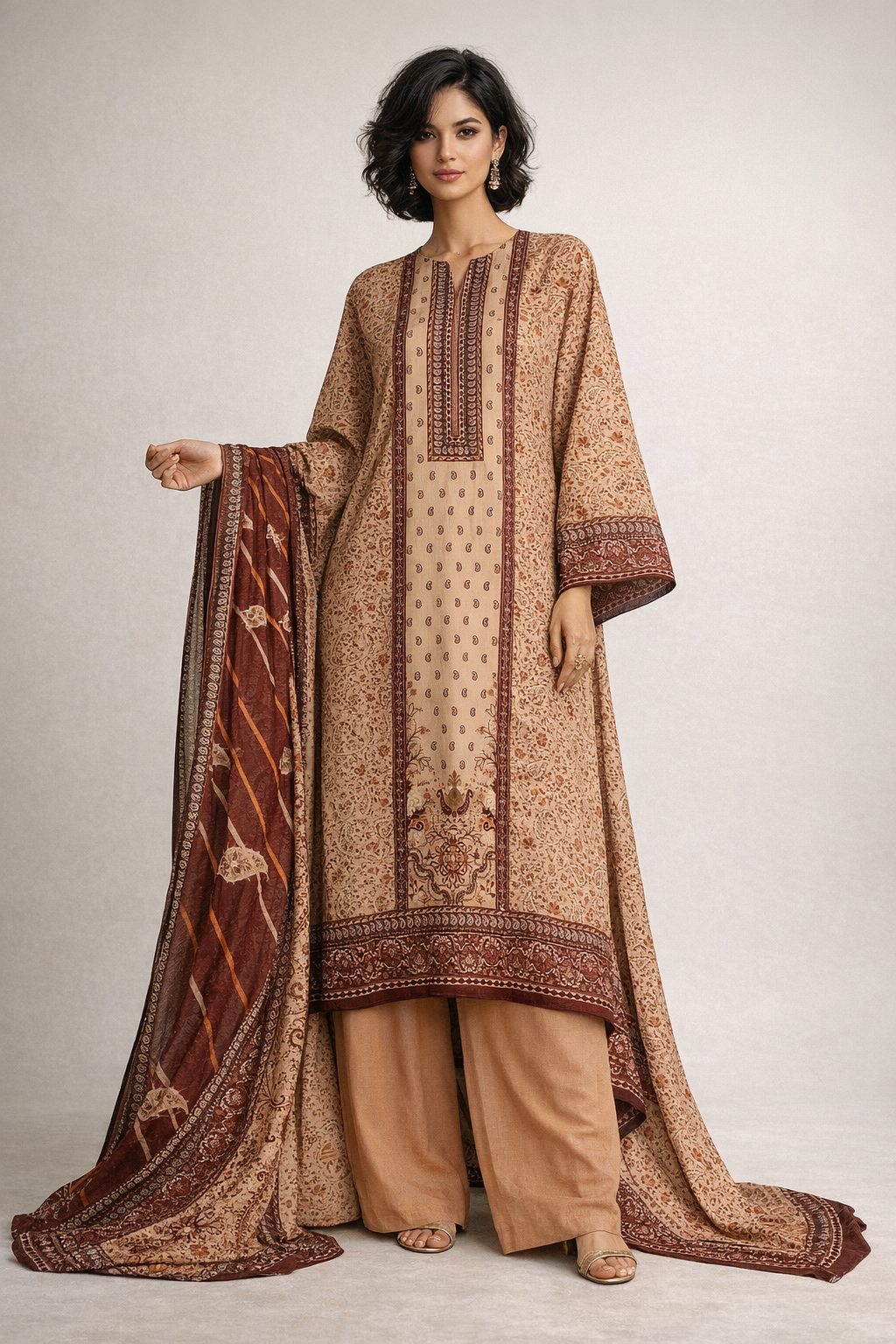 Unstitched 3pcs Lawn printed Collection Brown